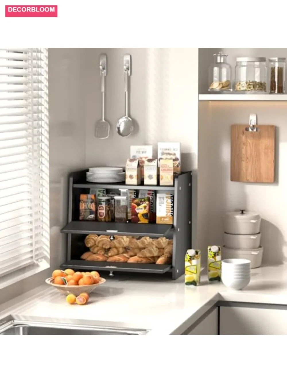 Large Capacity Double Layer Bamboo Bread Box with Magnetic Latch for Kitchen